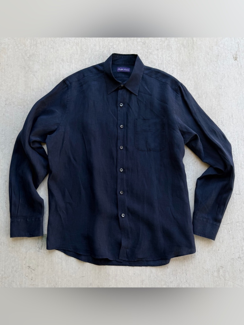 Ralph Lauren Purple Label Shirt Men Size Large 100% Linen Navy Made In Italy